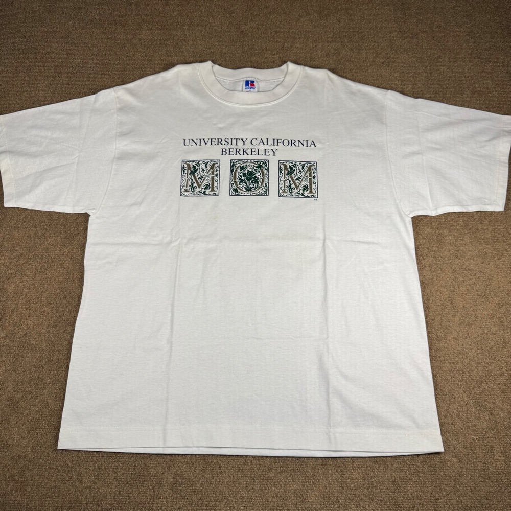 Vintage Russell Athletic UC Berkeley MOM T Shirt XL Made in USA White 90s Cotton